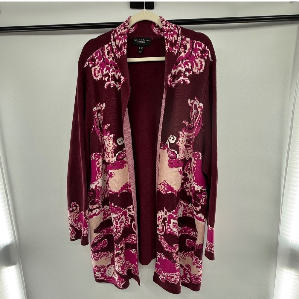 Susan Graver Weekend Burgundy Pink Jacquard Open‎ Front Cardigan Womens 3X